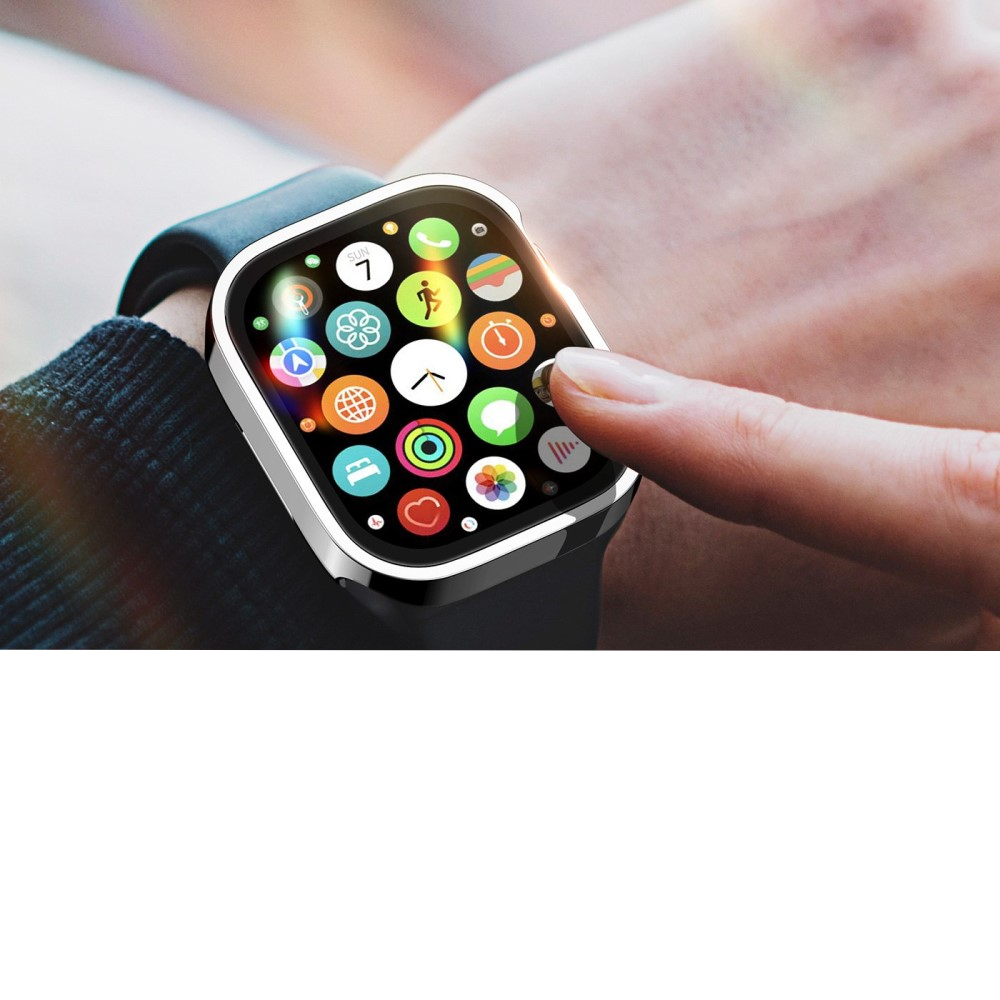 Apple Watch (41mm) Hardcase Bumper Hülle mit Galvanisiertem Rahmen   Display Schutzglas - Silber