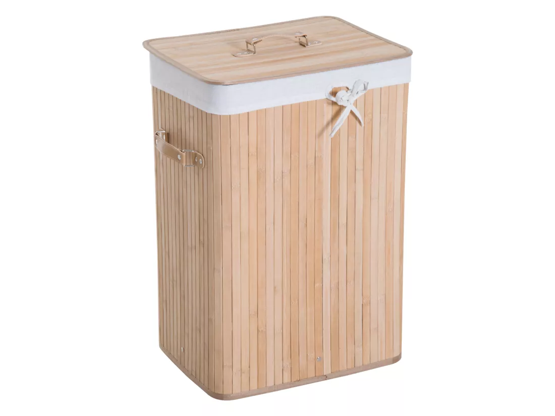 Panier à linge corbeille à linge bac à linge bambou pliable couvercle sac amovible 3 poignées PU 40L x 30l x 60H cm beige