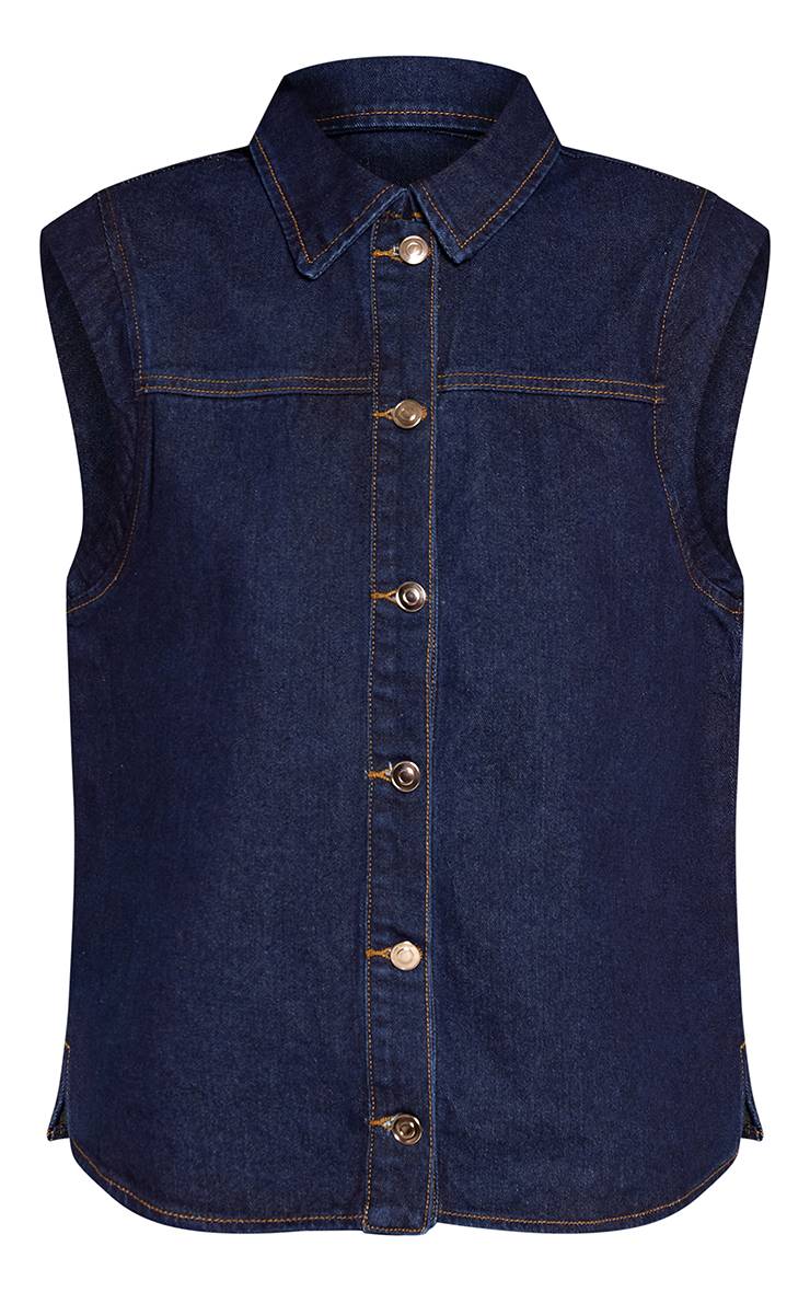 Bleu Indigo Haut En Jean Sans Manches À Épaules Tombantes Avec Boutonnage Pour Femmes Grandes Tailles