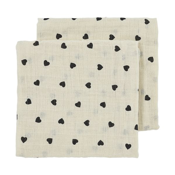 Meyco Baby Hydrofiele Doeken - Sweet Heart - 2-pack - Soft Sand/Black - 70x70 cm