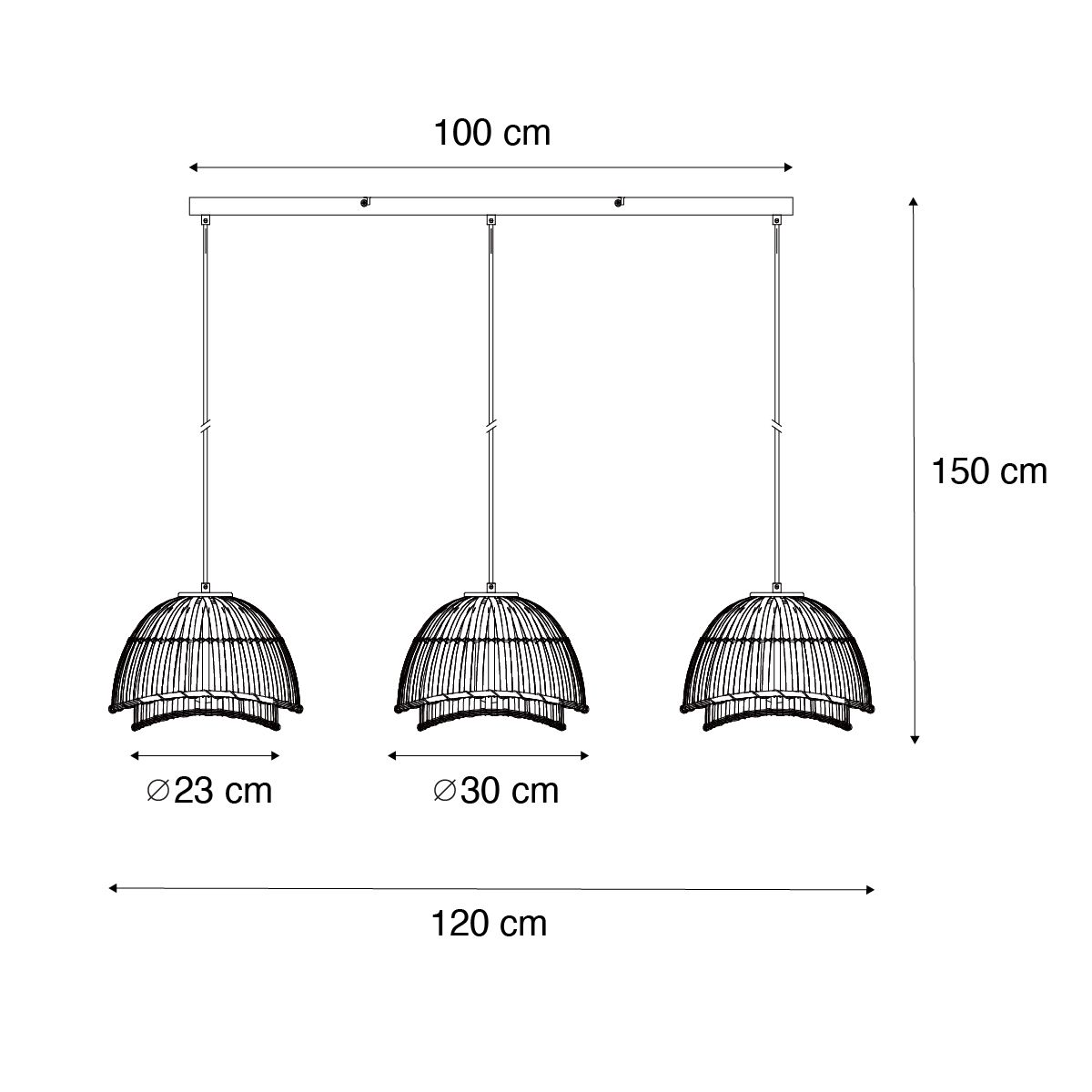Oosterse hanglamp zwart met naturel bamboe 3-lichts - Pua