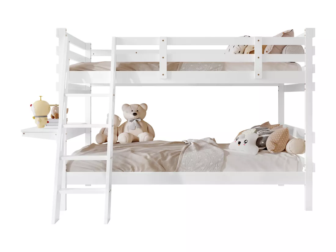 Lit superposé 90x200cm en bois - avec une table pilante - Blanc