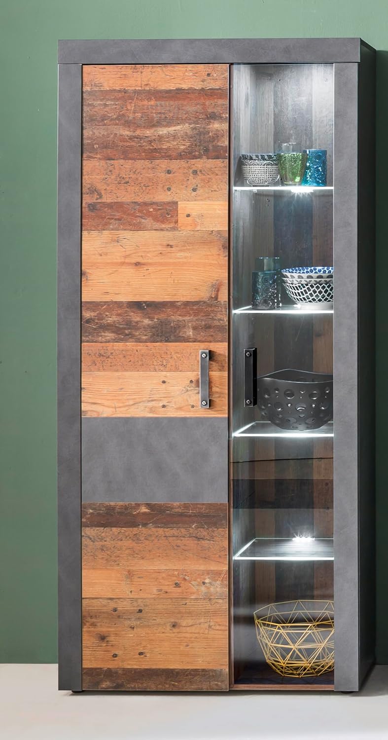 trendteam smart living - Indy - Regalschrank - Grau/Eiche - Stauraumvitrine mit 2 Türen, 4 Glasböden, 1 Konstruktionseboden und 3 Einlegeböden - (BxHxT) 87 x 189 x 34 cm - antikfarbene Griffe