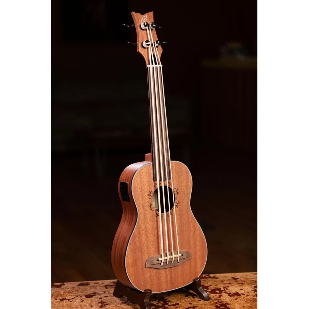 Ortega LIZZY-BSFL-GB Lizard Series Short Scale Uke Bass Natural fretloze E/A bas ukelele met gigbag