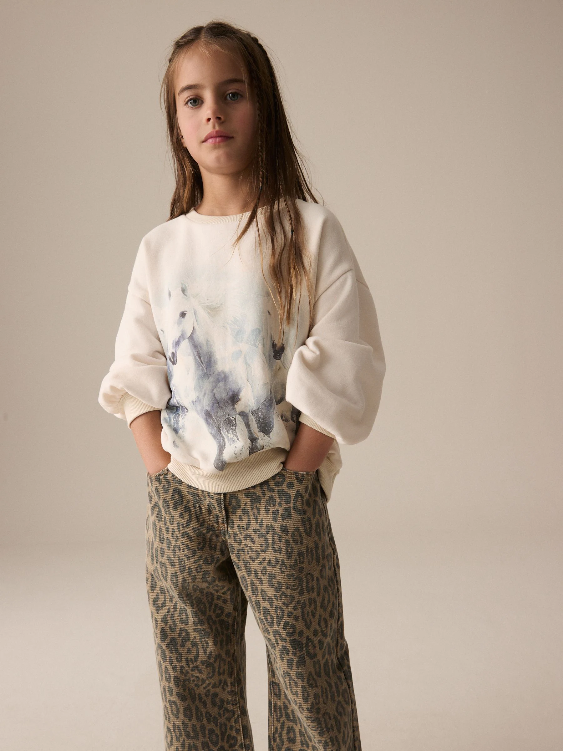 Ecru met paardenprint - Sweatshirt (3 - 16 jr)