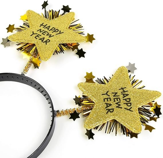 (2er Set) Happy New Year Haarreif Silvester Party Accessoire Glitzer Haar Schmuck Stern Design - Gold / Schwarz