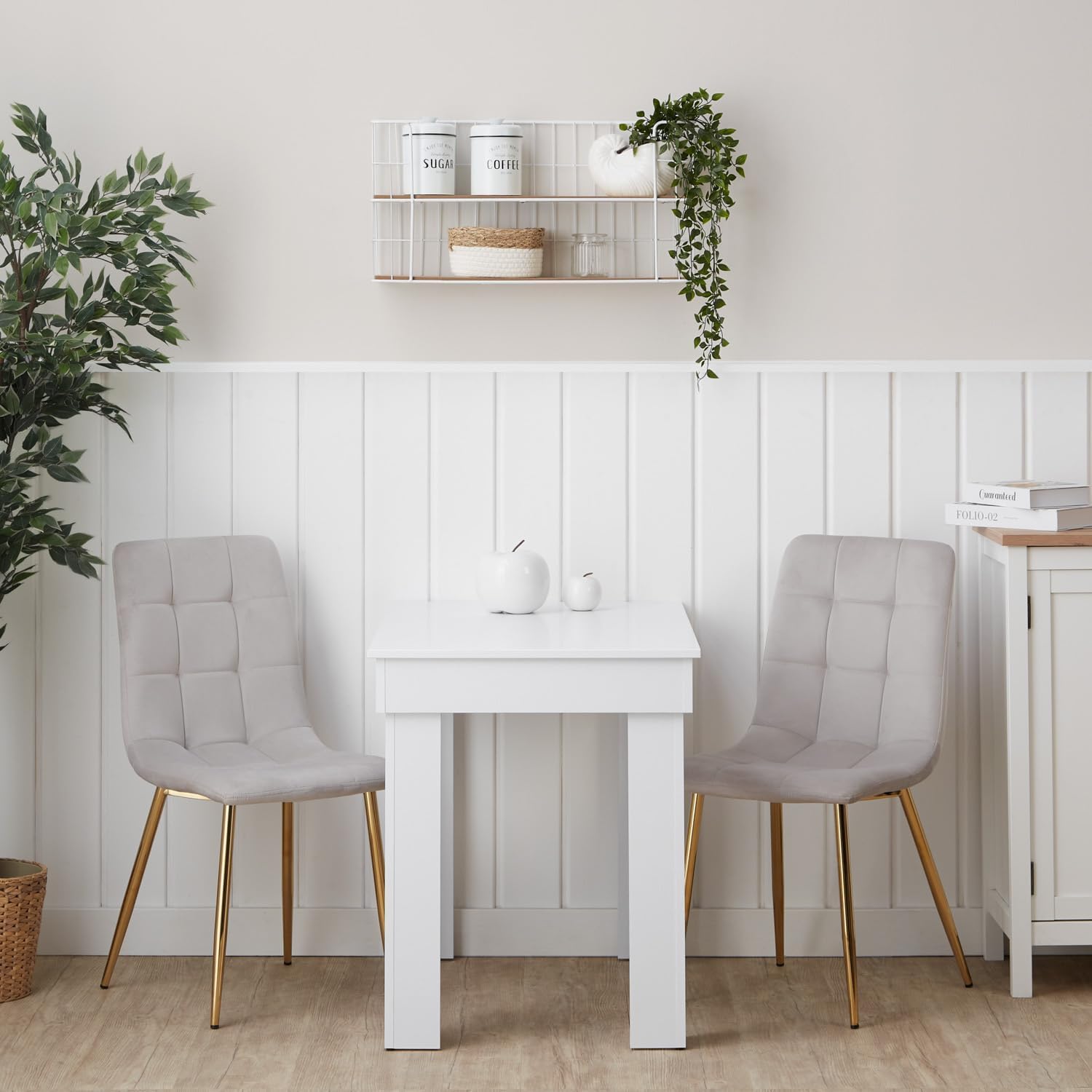 Homestyle4u 2755, Essgruppe mit 2 Stühlen Esstisch 90 x 60 cm Esszimmertisch Holz weiß Essstühle Hell Grau modern Tisch
