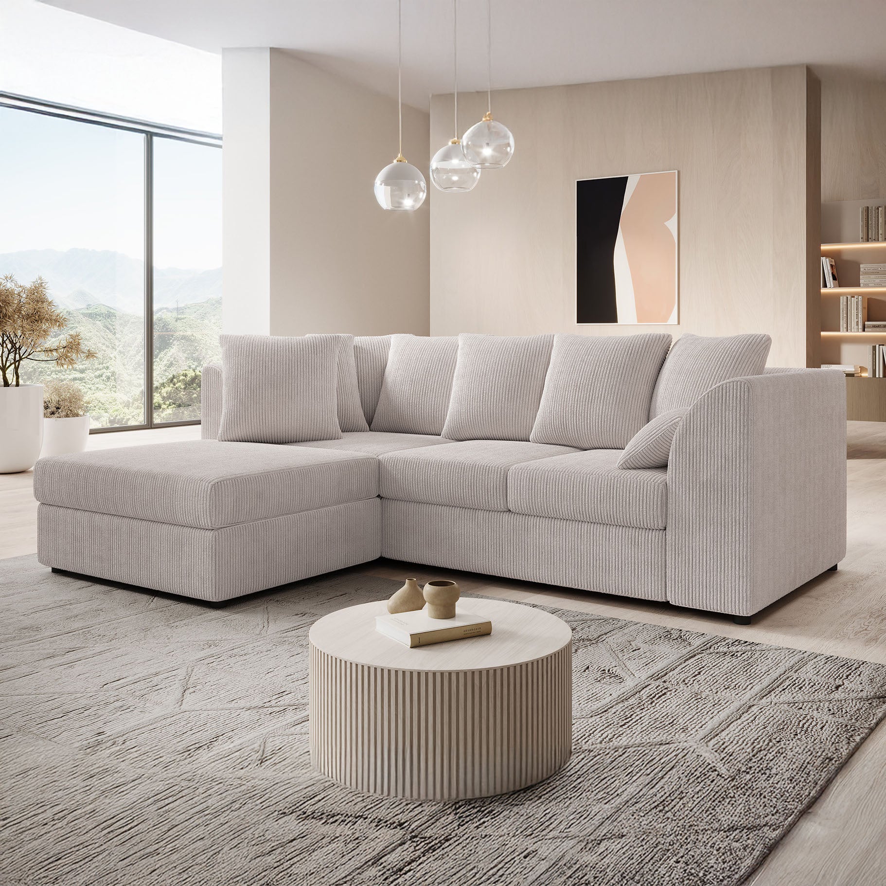 Alfort - Hoekbank 3-zits met chaise longue - Ribstof beige - Links