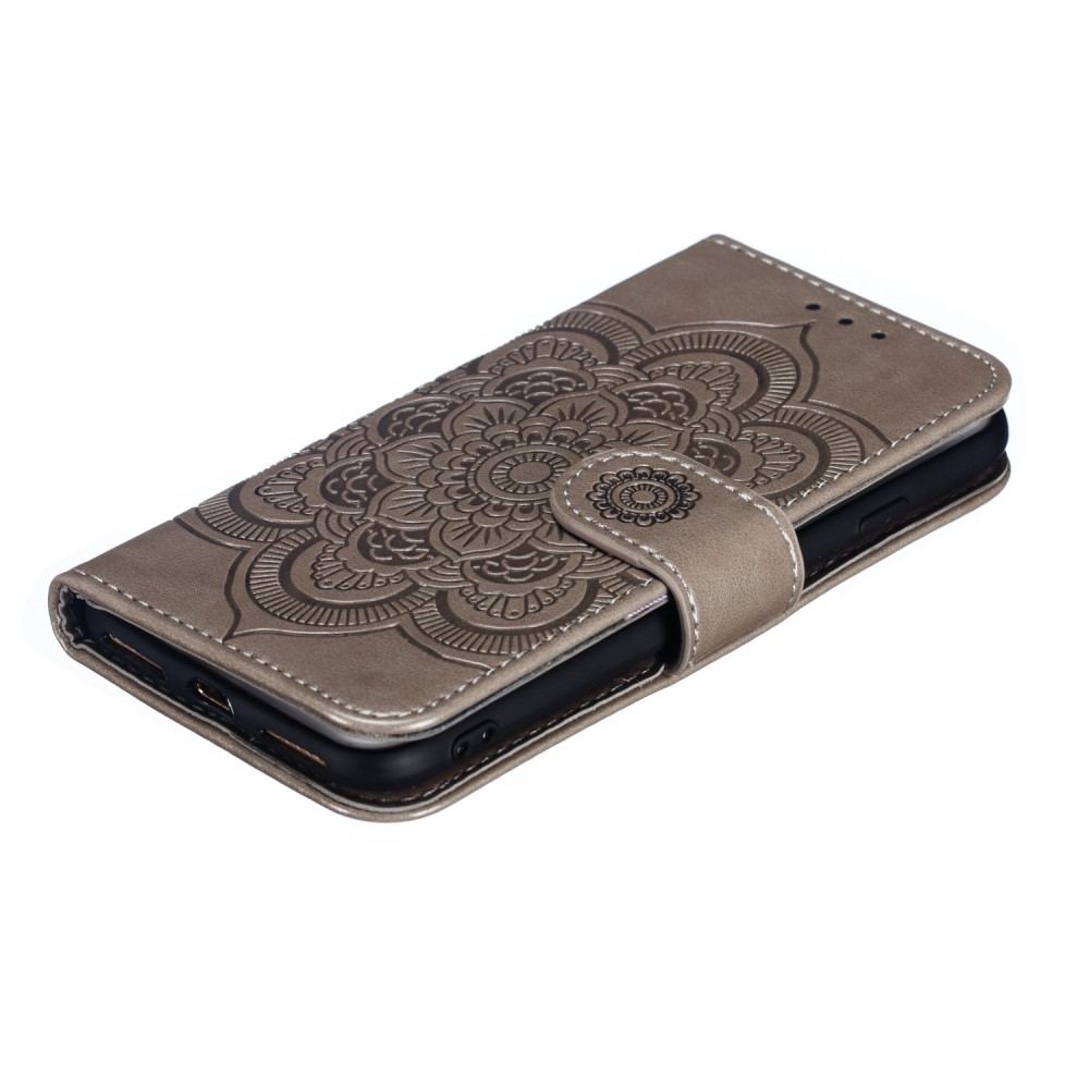 iPhone SE (2022/2020) / 8 / 7 Leder Tasche Wallet - Mandala Flowers Imprint - Grau