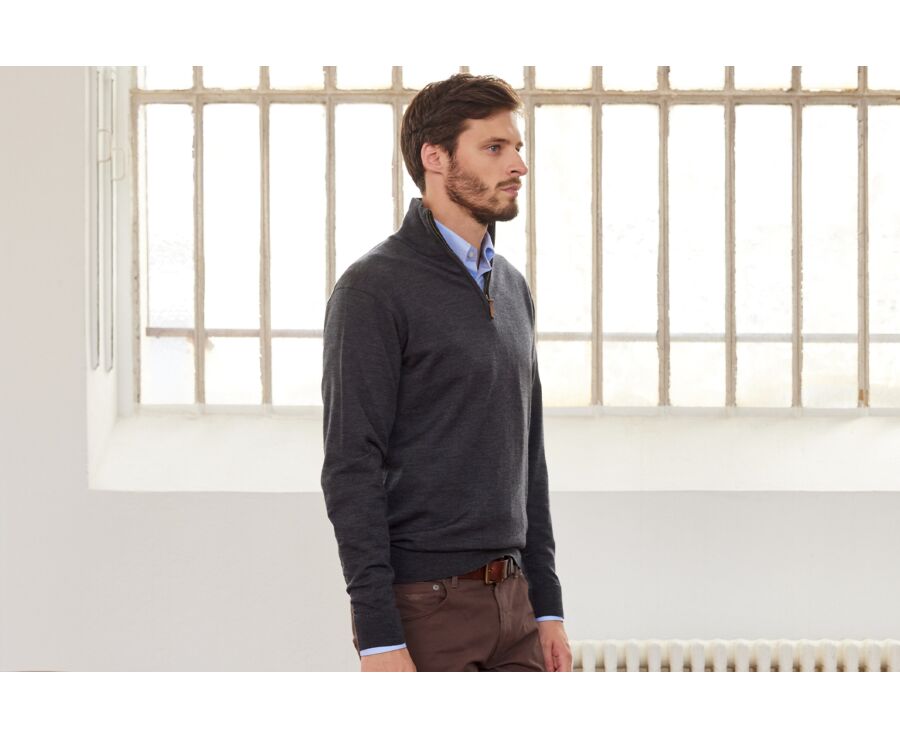Pull col zippé homme Gris Anthracite chiné - VLARINOS