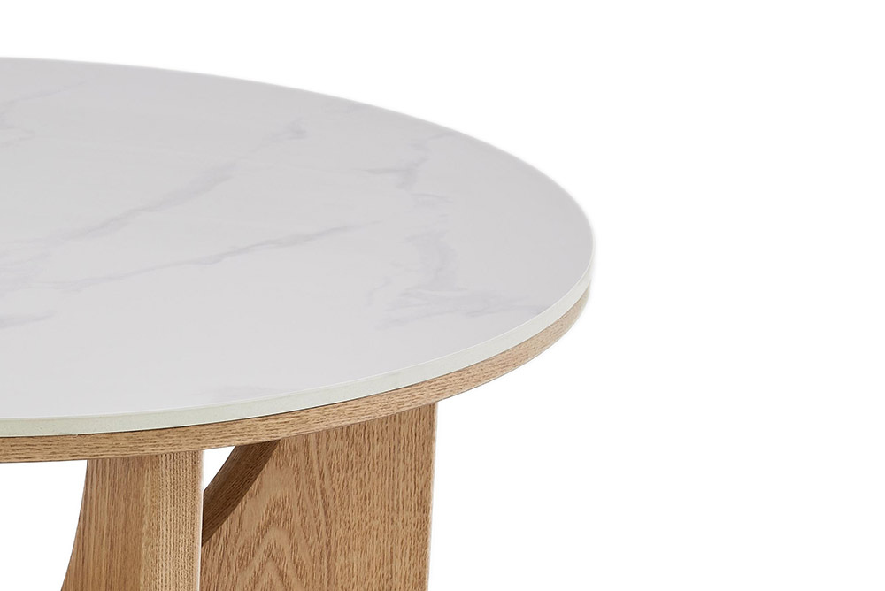 Runder Couchtisch ENSO 80cm weiß Marmor Keramik Eichenholz