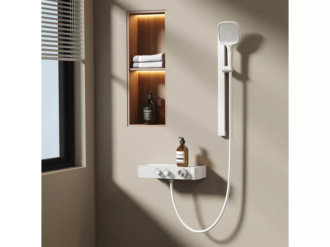 EMKE Colonne de Douche Thermostatique – Blanc Mat, Débit d'Eau Ajustable,Design Minimaliste Séparé, Douchette 3 Fonctions,Kit de Douche