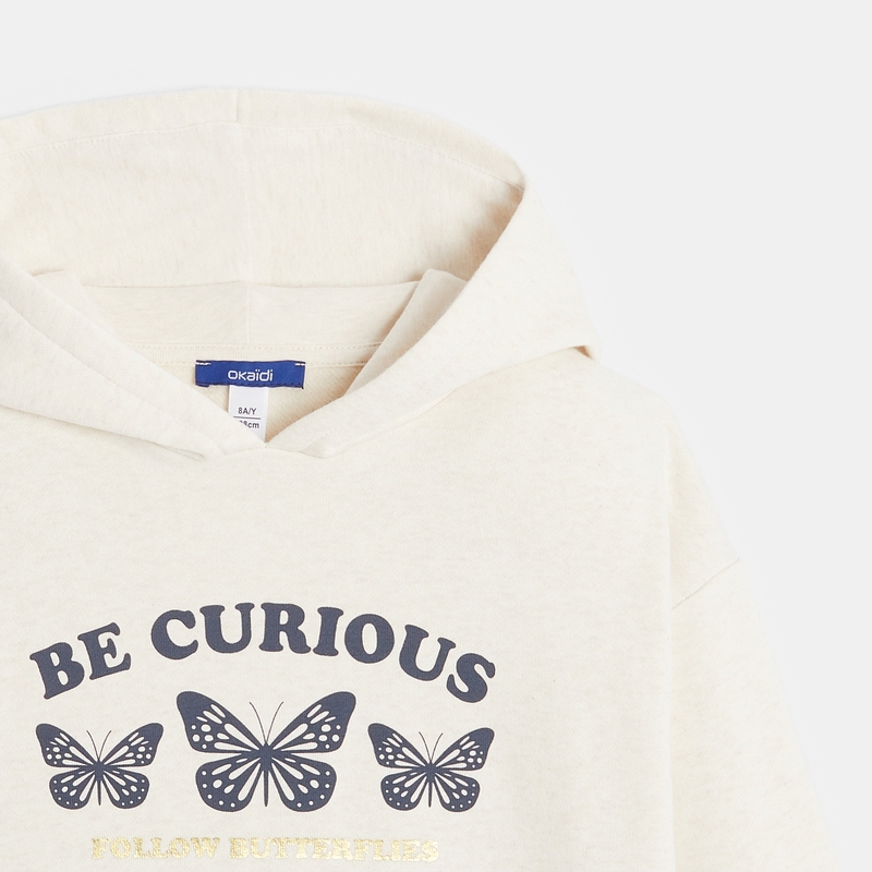 Sweat-shirt à capuche motif papillon beige fille