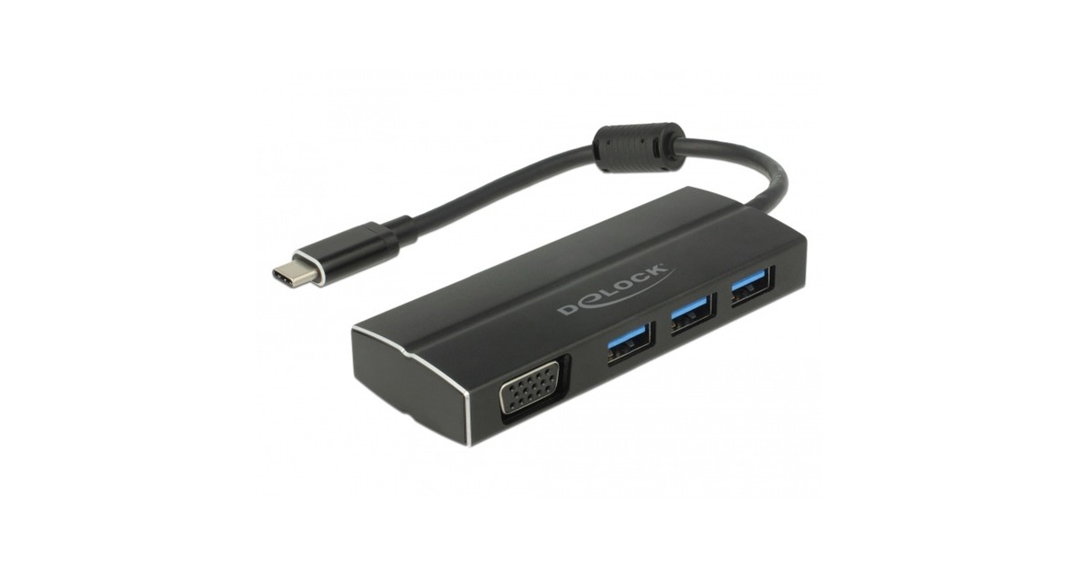 DeLOCKUSB-C 3.1 > 3x USB-A 3.0 + 1x VGA usb-hub  (Zwart, 0,15 meter)