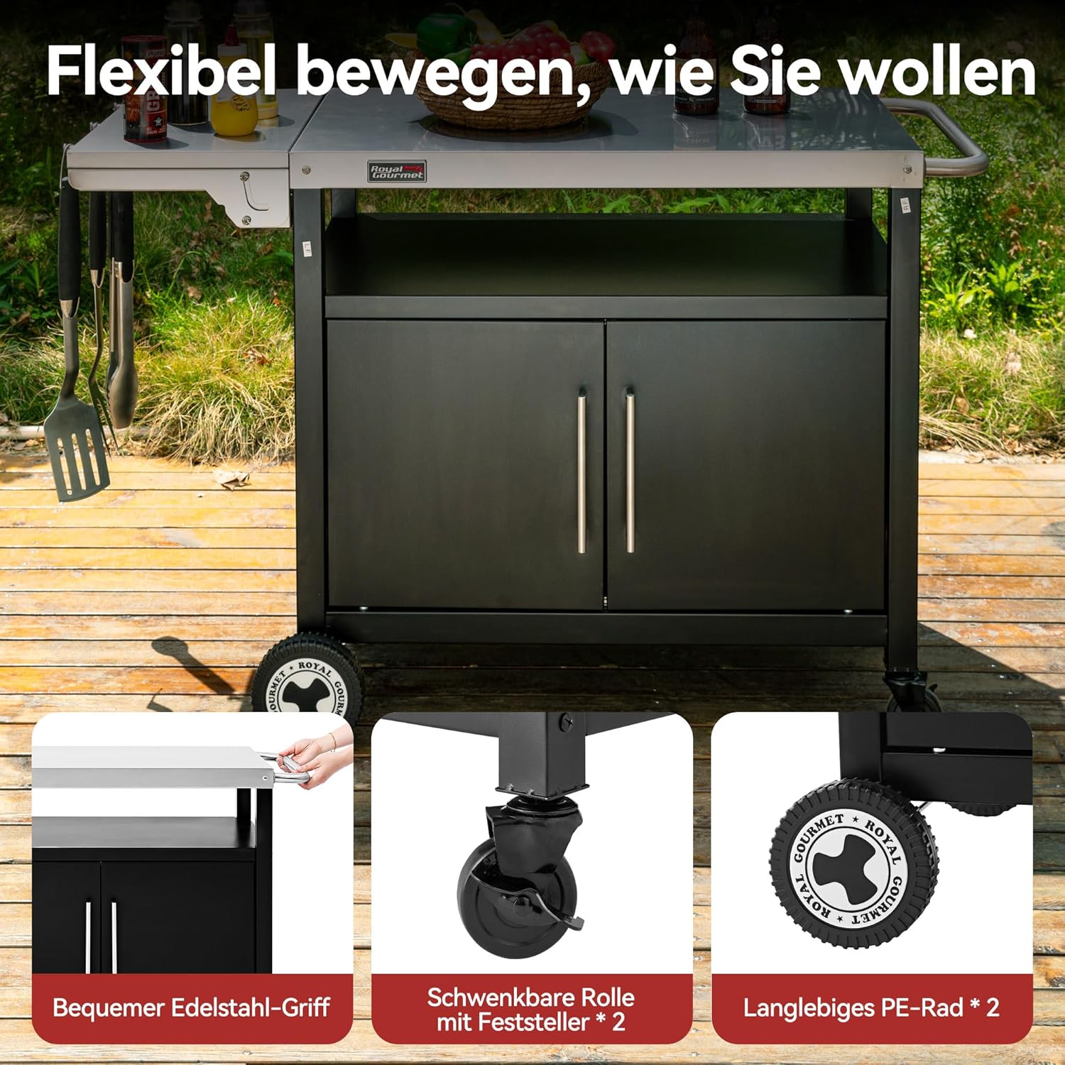 Royal Gourmet Grillwagen mit Klappbarem Seitentisch Grilltisch mit Handtuchgriff, Unterschrank, Grill Trolley mit Edelstahl Tischplatte, Servierwagen mit Rollen
