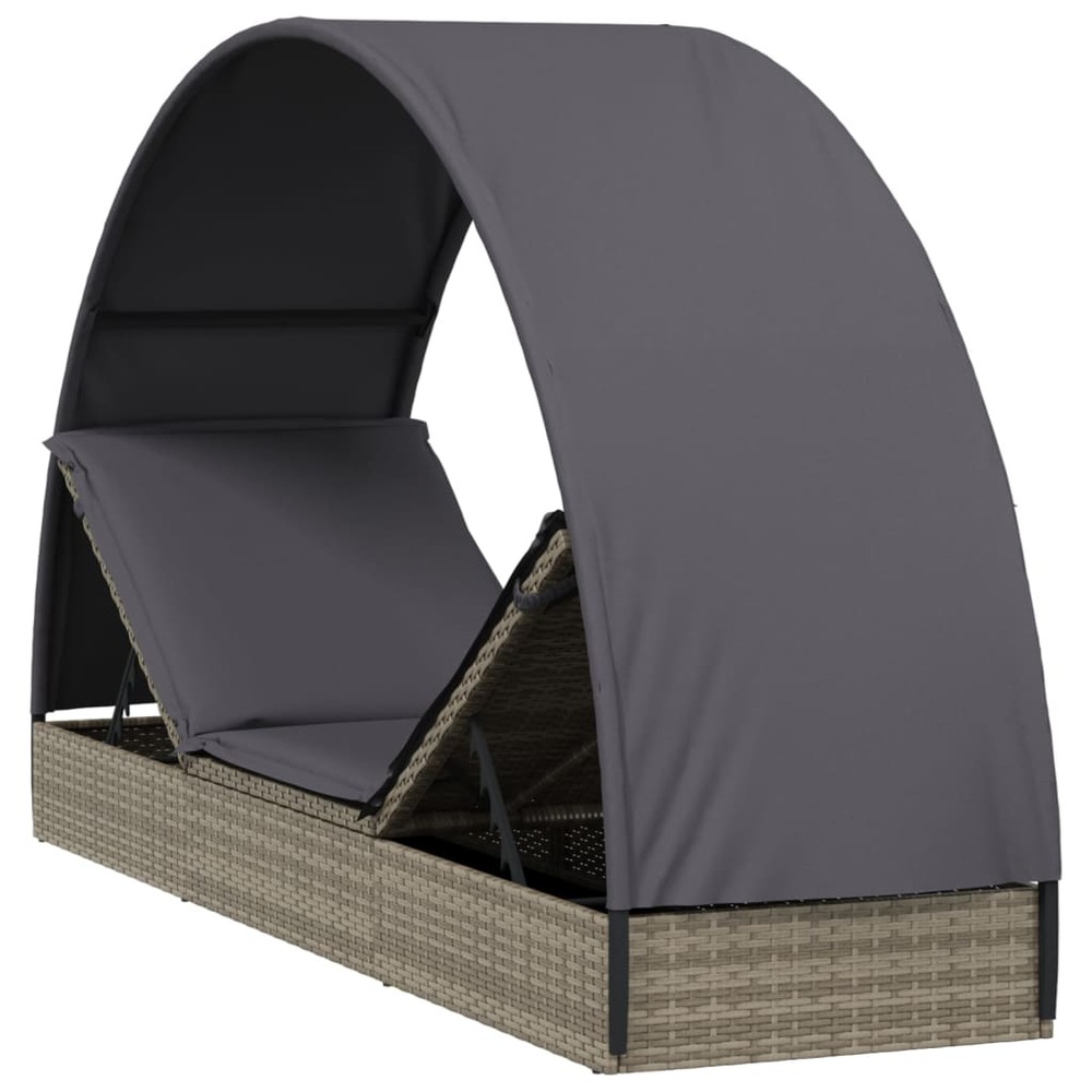 Transat chaise longue bain de soleil lit de jardin terrasse meuble d'extérieur avec toit rond 211 x 57 x 140 cm résine tressé