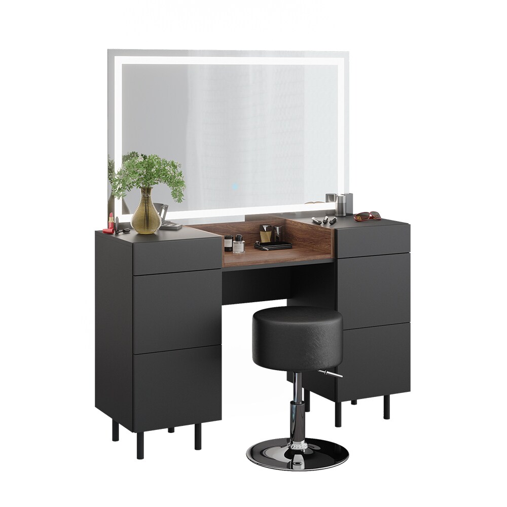 Vicco Schminktisch Anika 120 x 80 cm mit LED-Spiegel & Hocker, Anthrazit Walnussbraun, 6 Schubladen, Schlafzimmer