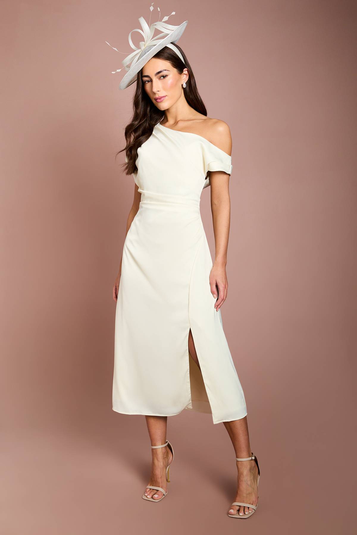 Coast Robe Midi en Satin à Épaules Dénudées avec Liens Latéraux