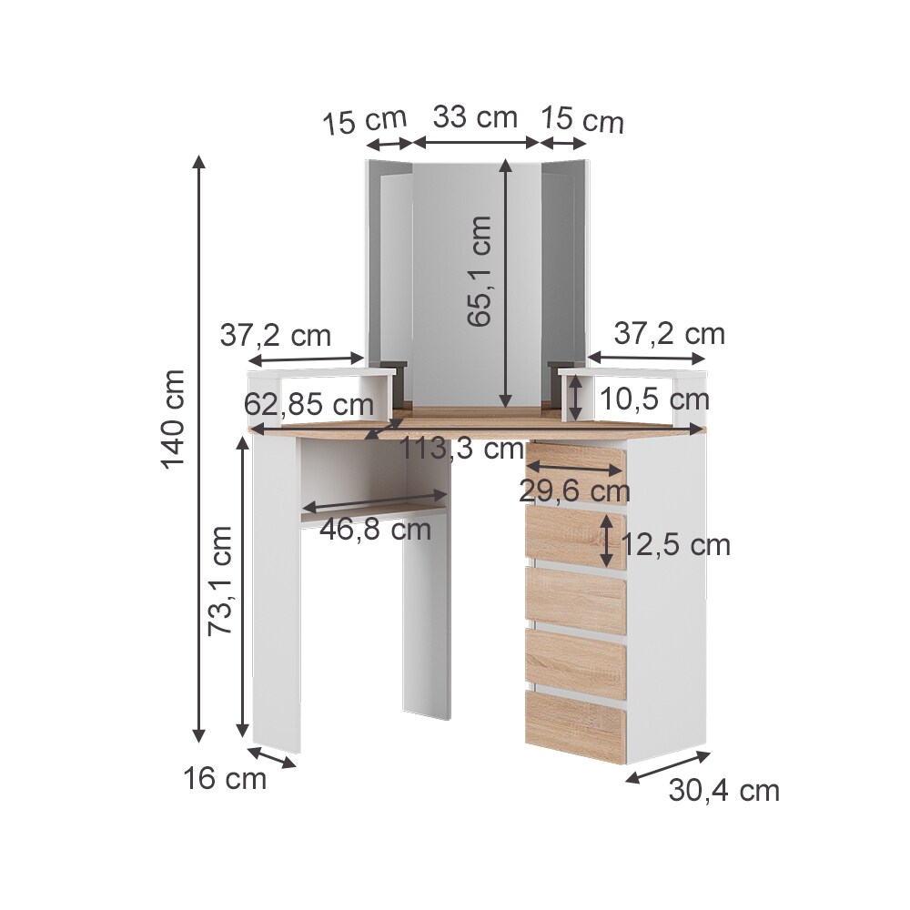 Vicco Eckschminktisch Frisiertisch Frisierkommode Tilda Weiß Sonoma Spiegel 110x140 cm modern Ablage