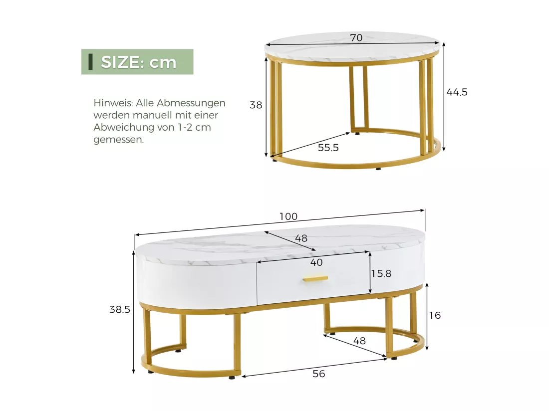 Lot de 2 tables basse gigognes avec tiroir - pièds métallique - placage marbré - blanc