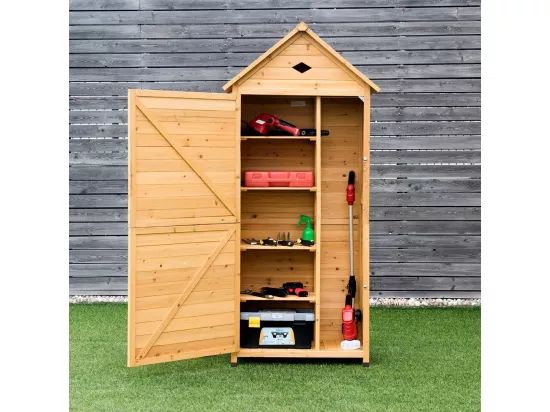 Abri de Jardin Extérieur en Bois de Sapin à 5 Etagères, 70 x 35,5 x 176 CM, Cabane de Rangement Verrouillable pour Outils de Jardin avec 5 Etagères, Tôle Galvanisé