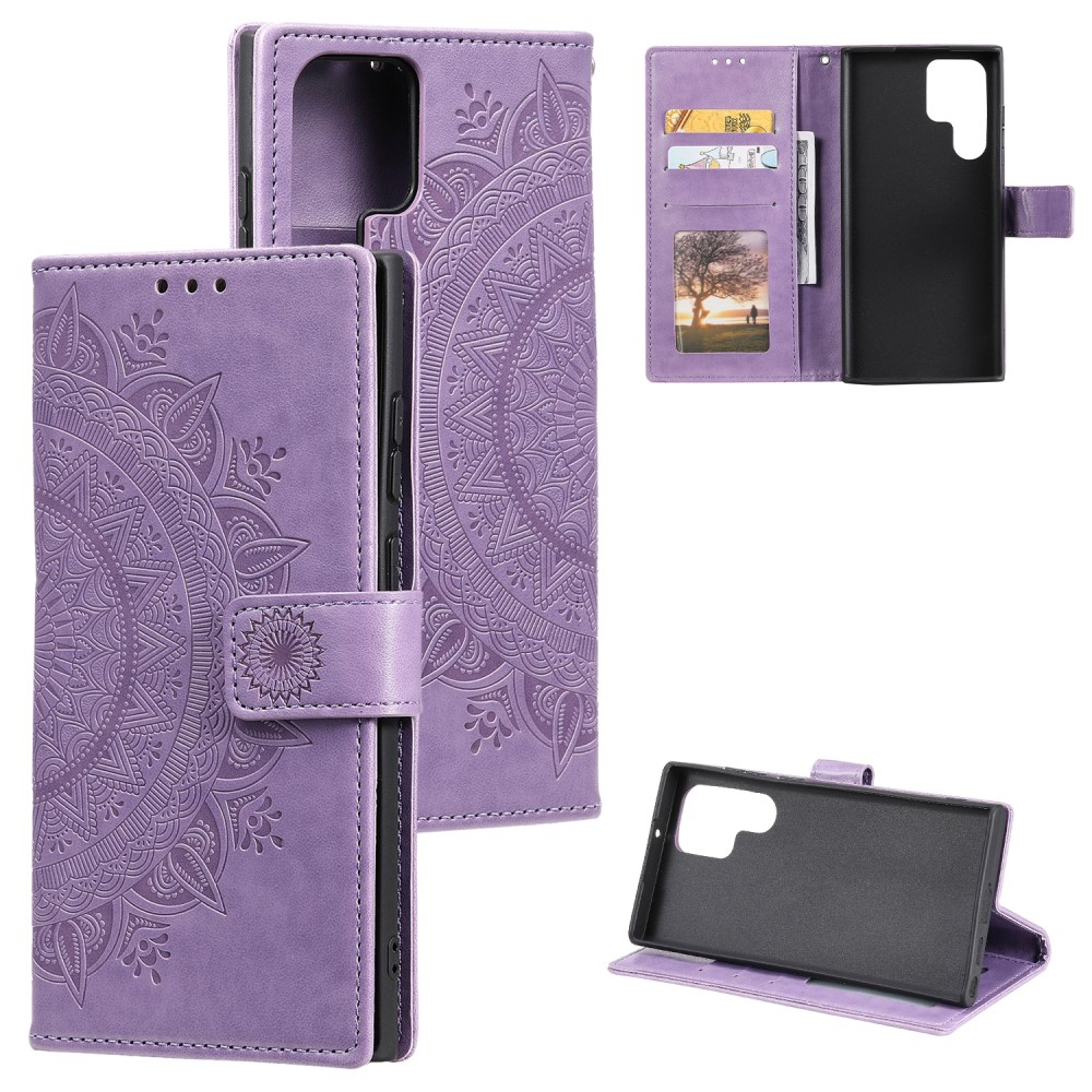 Samsung Galaxy S24 Ultra Leder Tasche Wallet - Mandala Flowers Imprint - Lila