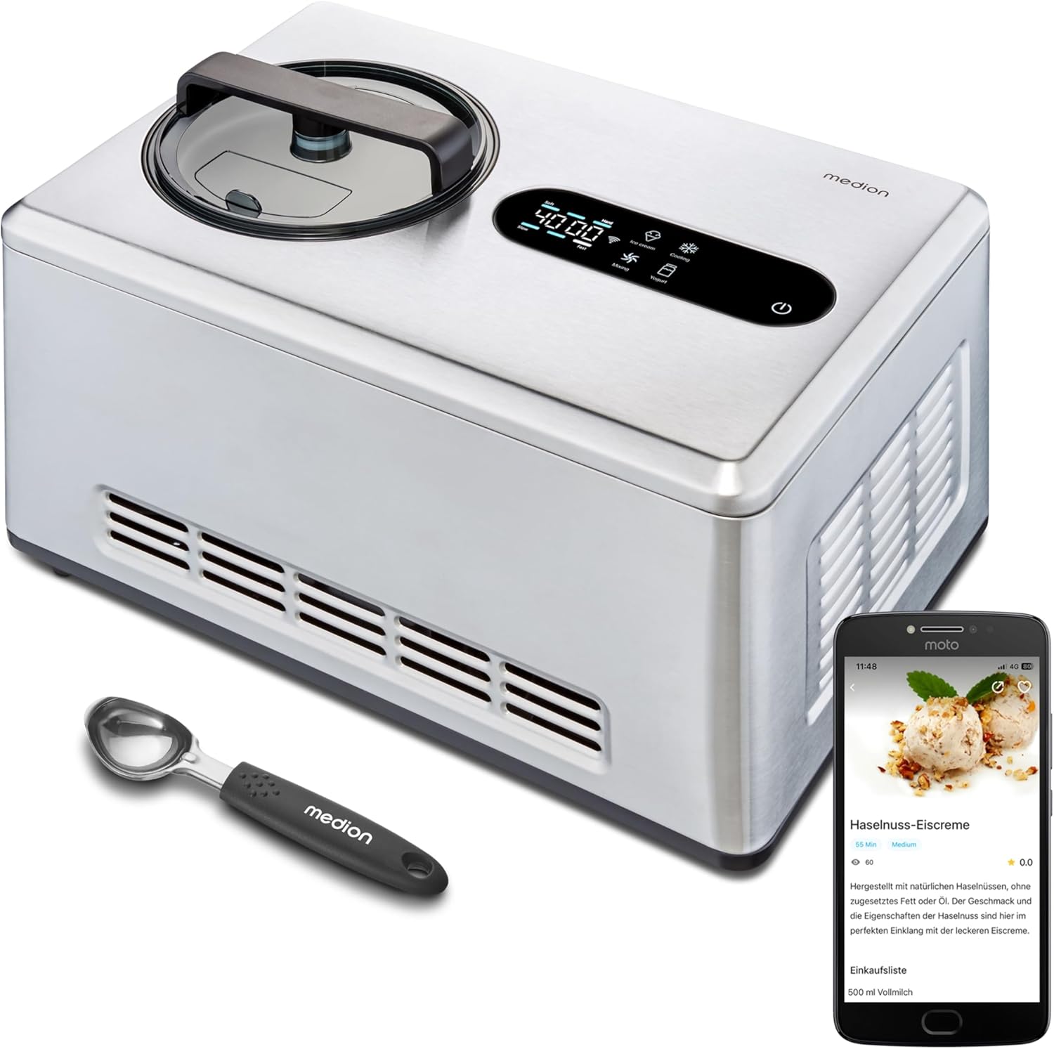MEDION smarte Eismaschine mit Kompressor (selbstkühlend, 2 Liter, App Steuerung inkl. Eis-Rezepte, Joghurt, Eiscreme, Sorbet, LED Display, Edelstahl, MD12170)
