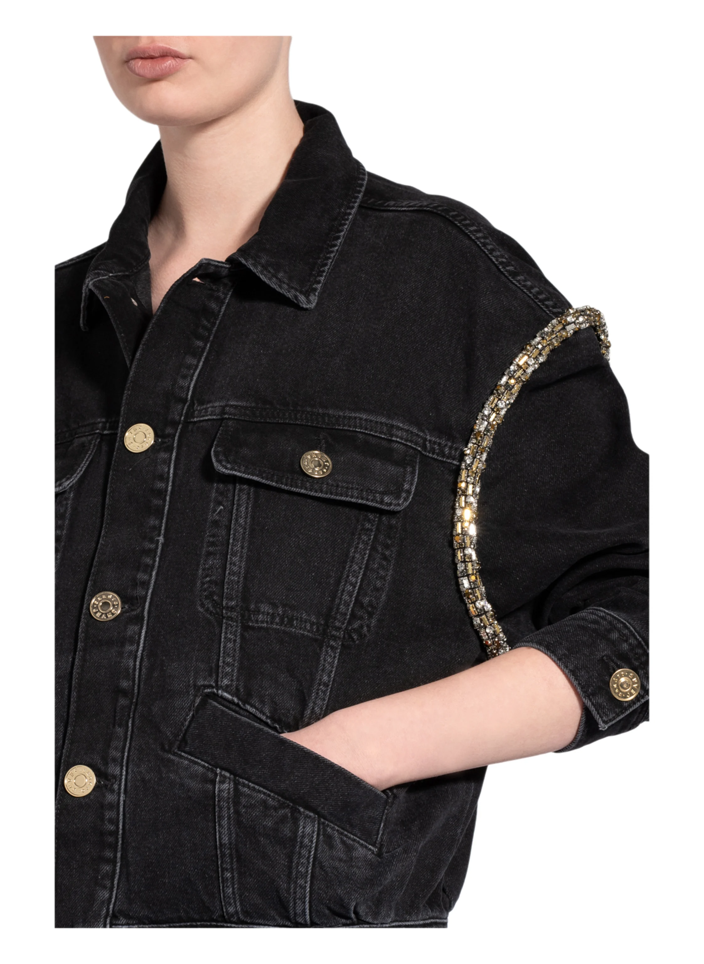SANDRO Oversized-Jeansjacke mit Schmucksteinbesatz