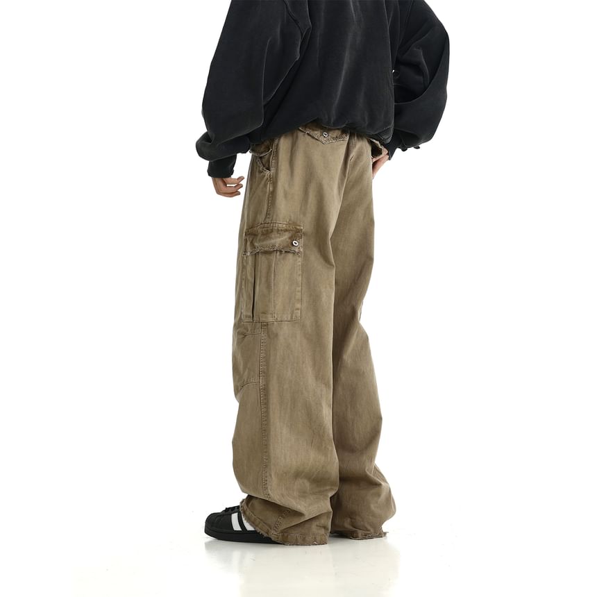 Meiksip - Mid Rise Plain Wide Leg Cargo Jeans