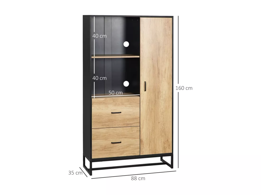 Buffet haut multi-rangement une porte 3 étagères 2 tiroirs 2 niches piètement acier noir aspect chêne clair