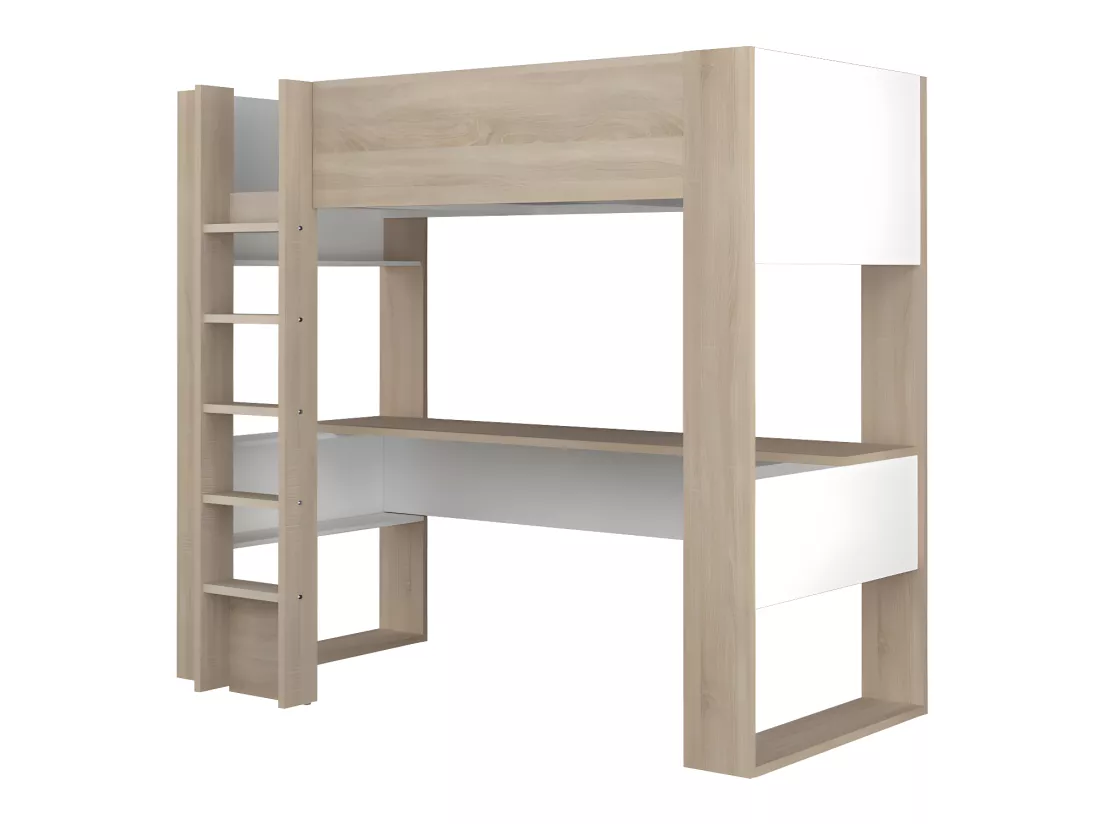 Lit mezzanine avec bureau et rangements intégrés - 90 x 200 cm - Chêne et blanc + matelas - NOAH II