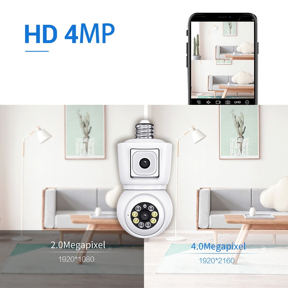 (2x2MP) QF202 E27 Glühbirne Mini WiFi IP 355° Dual Kamera mit Nachtsichtfunktion / Bewegungserkennung / 2-Wege-Audio / Micro SD - Weiss