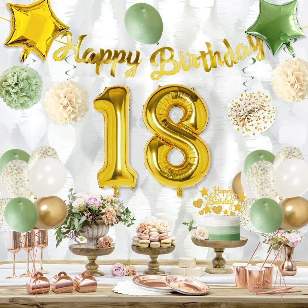 (70-tlg. Set) Happy Birthday Girlande 18. Geburtstag Party Deko   Latex- und Folienballons / Pompon's / Tortenstecker / Tischtuch - Gold