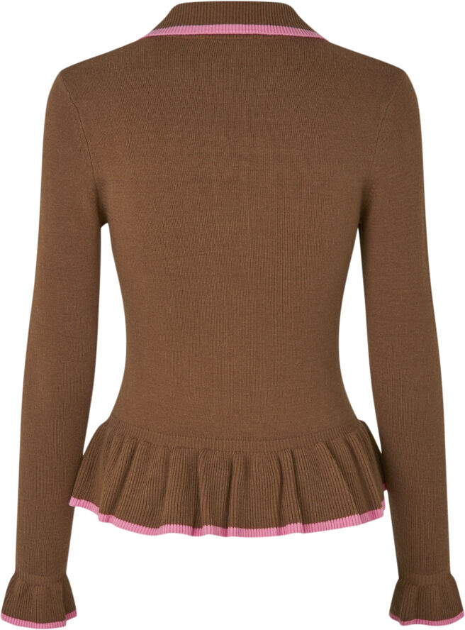 Stine Goya Linear Ruffle Cardigan, 2325 Light Rib Partridge brown