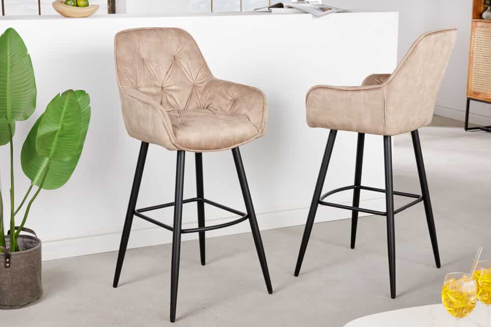 Design Barhocker MILANO champagner beige Samt Barstuhl mit Lehne Metall schwarz