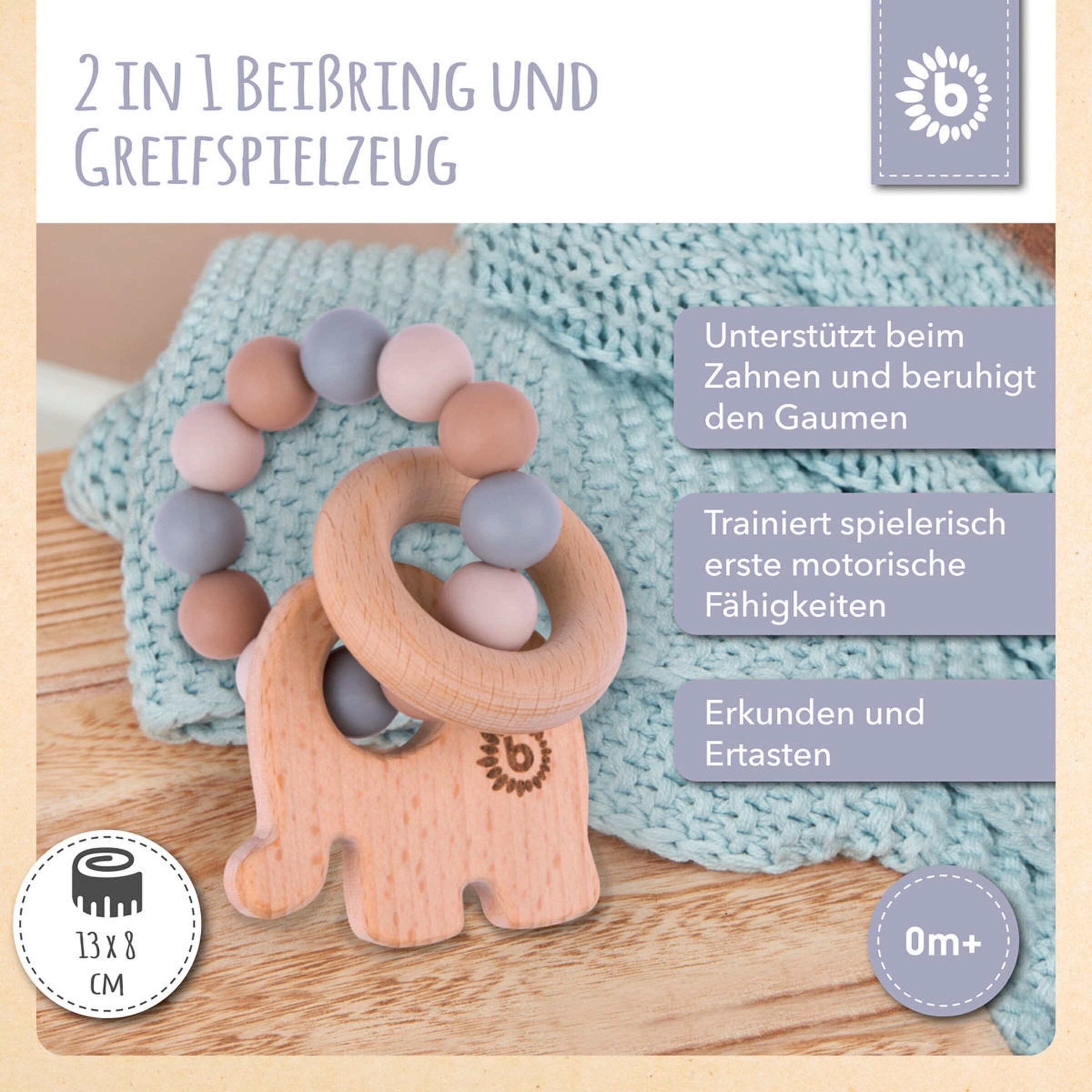 Bieco Greifling Holz Natur mit Silikon Elefant - ab Geburt Beige