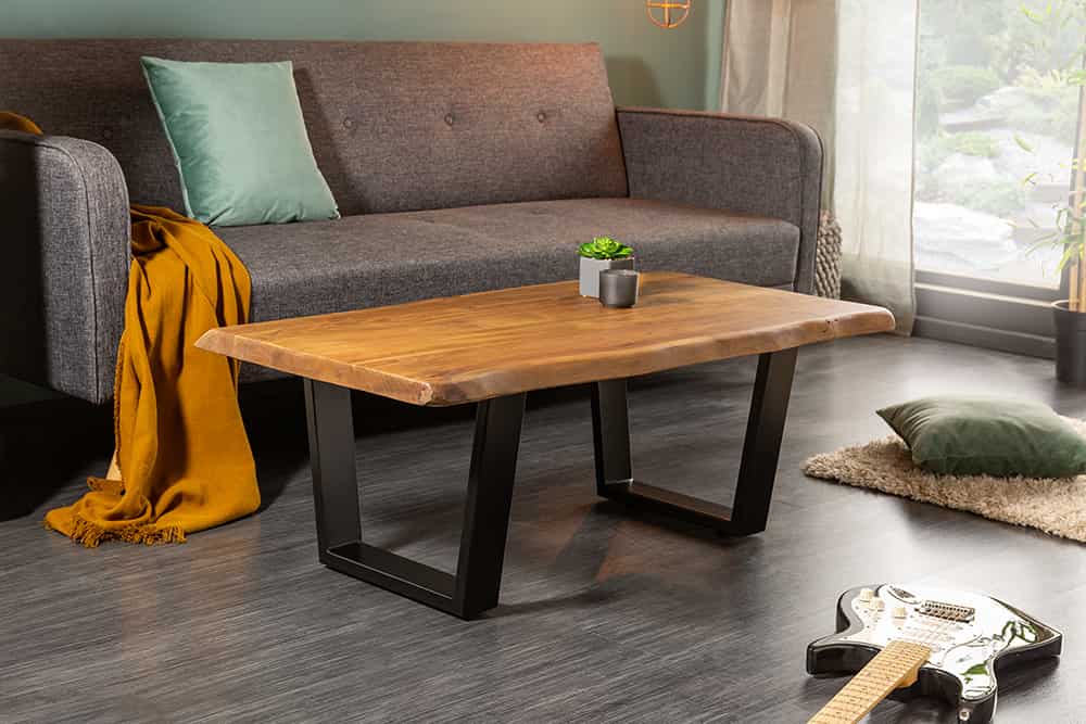 Massivholz Baumstamm Couchtisch MAMMUT 110cm Akazie schwarzes Metallgestell 3,5cm Tischplatte