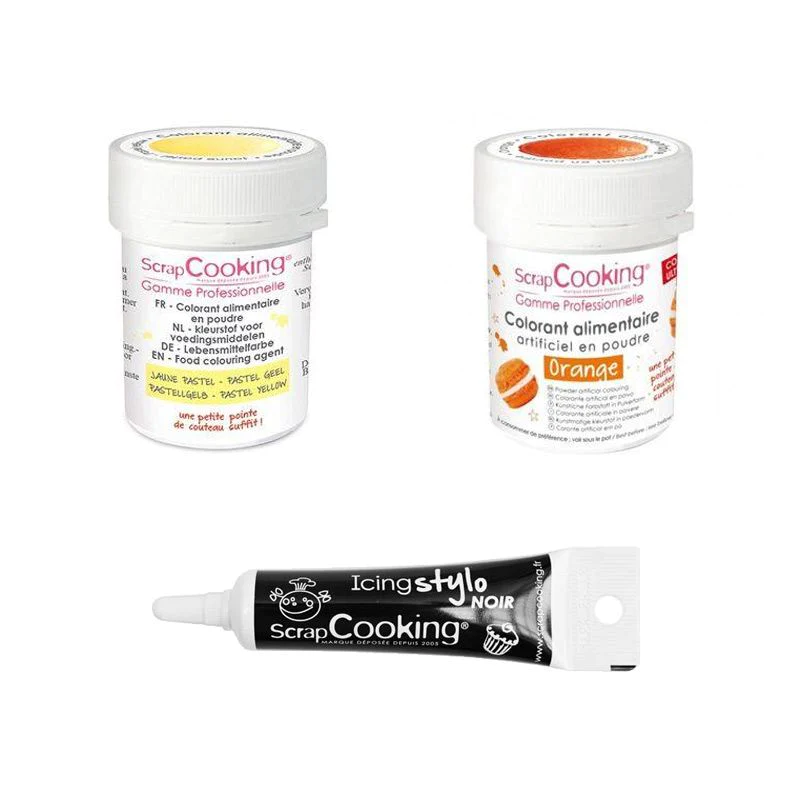 2 colorants alimentaires orange-jaune pastel + Stylo glaçage noir Scra