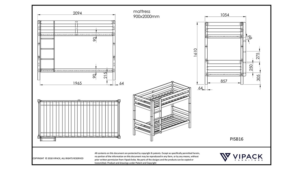 Stapelbed Pino 160 cm hoog wit