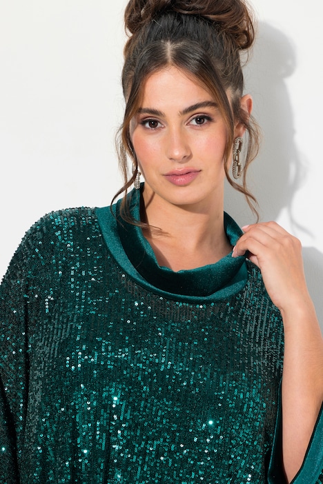 Pailletten-Shirt, Oversized, Samt-Rollkragen, Halbarm