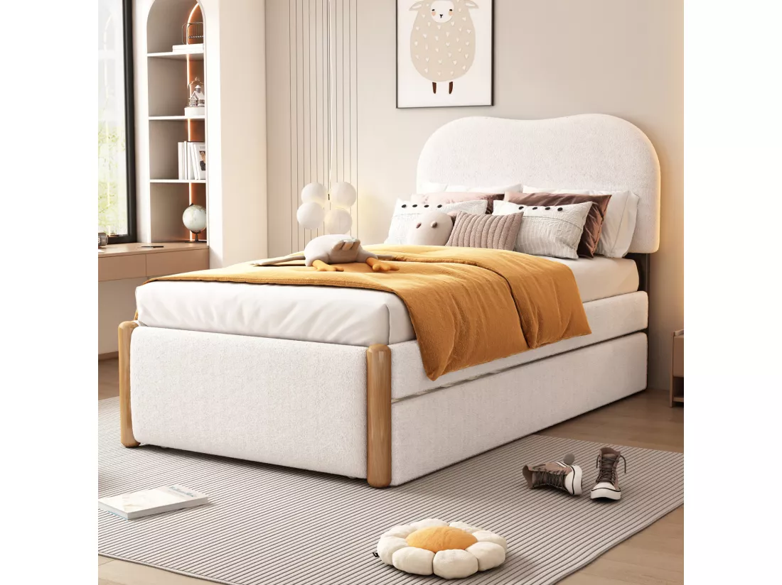 Lit gigogne 90x200cm+90x190cm, lit plat rembourré avec sommier à lattes et tête de lit, tissu peluche, blanc