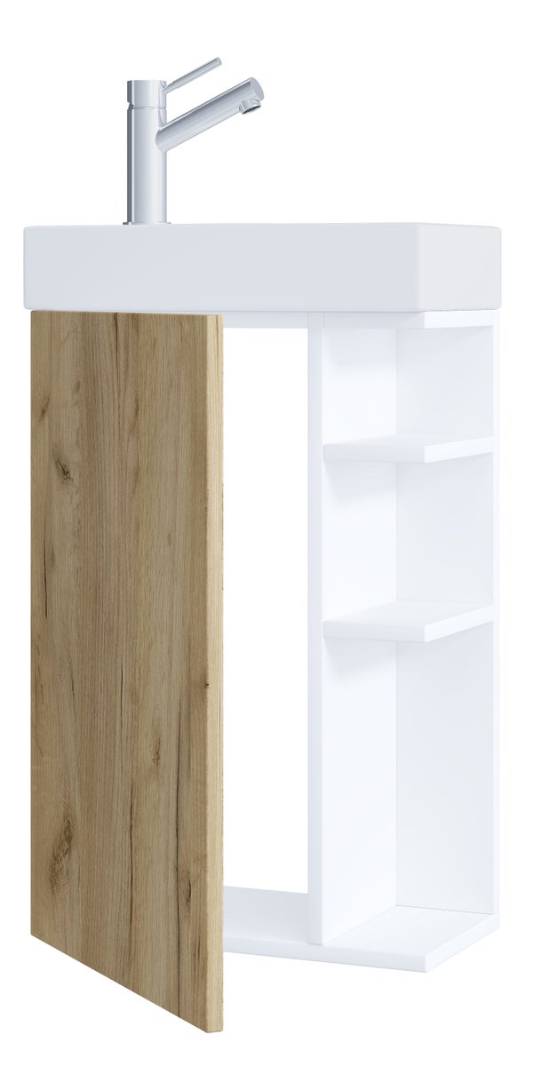 2-delige wastafelmeubel, badkamermeubel Lumia, wit/honing eiken