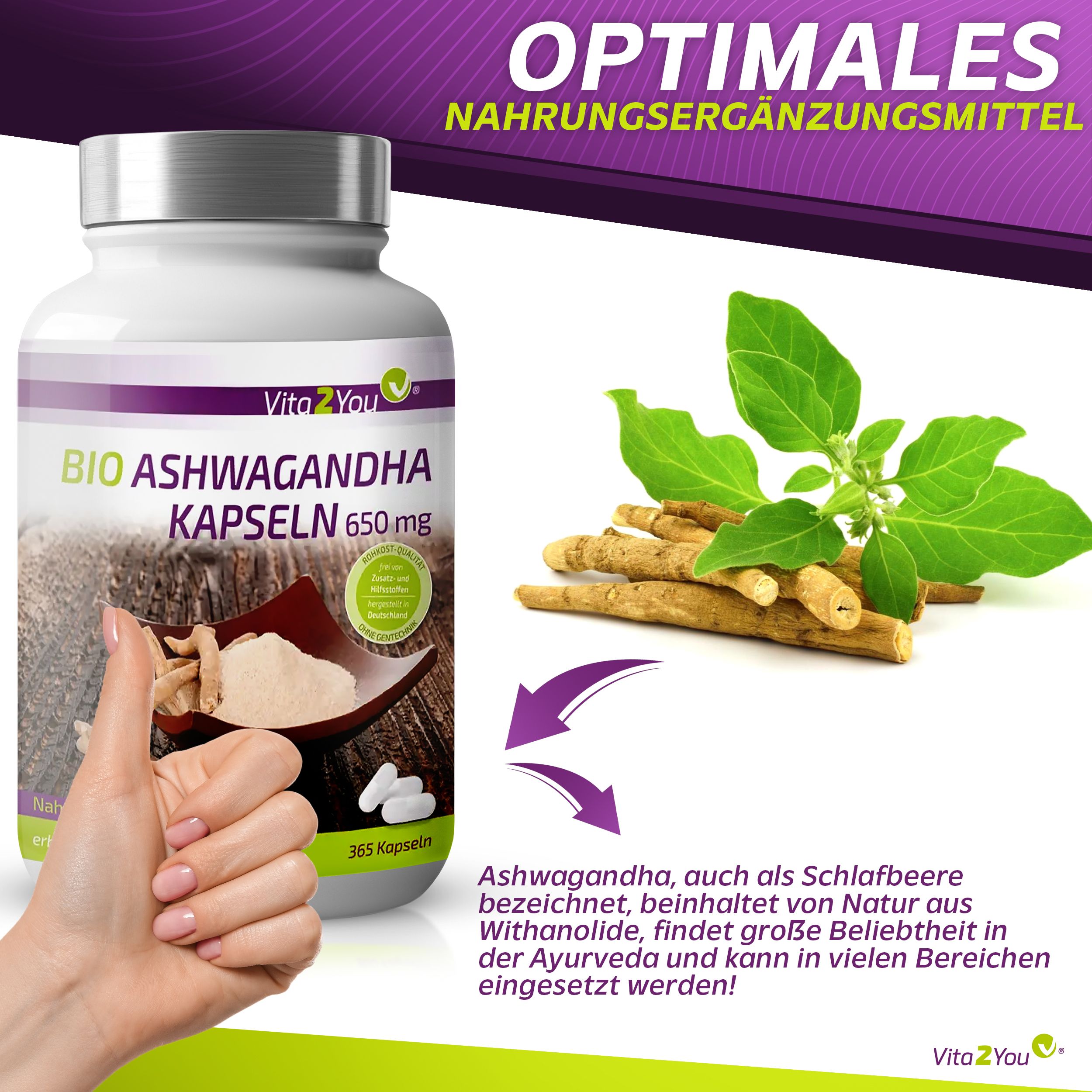 Vita2You Bio Ashwagandha Kapseln 650mg
