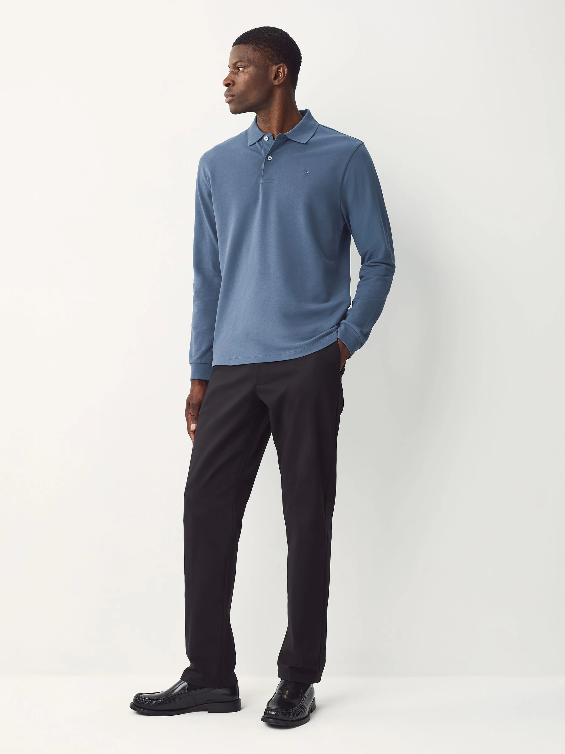 Blauw - Normale Pasvorm - Piqué polo met lange mouwen