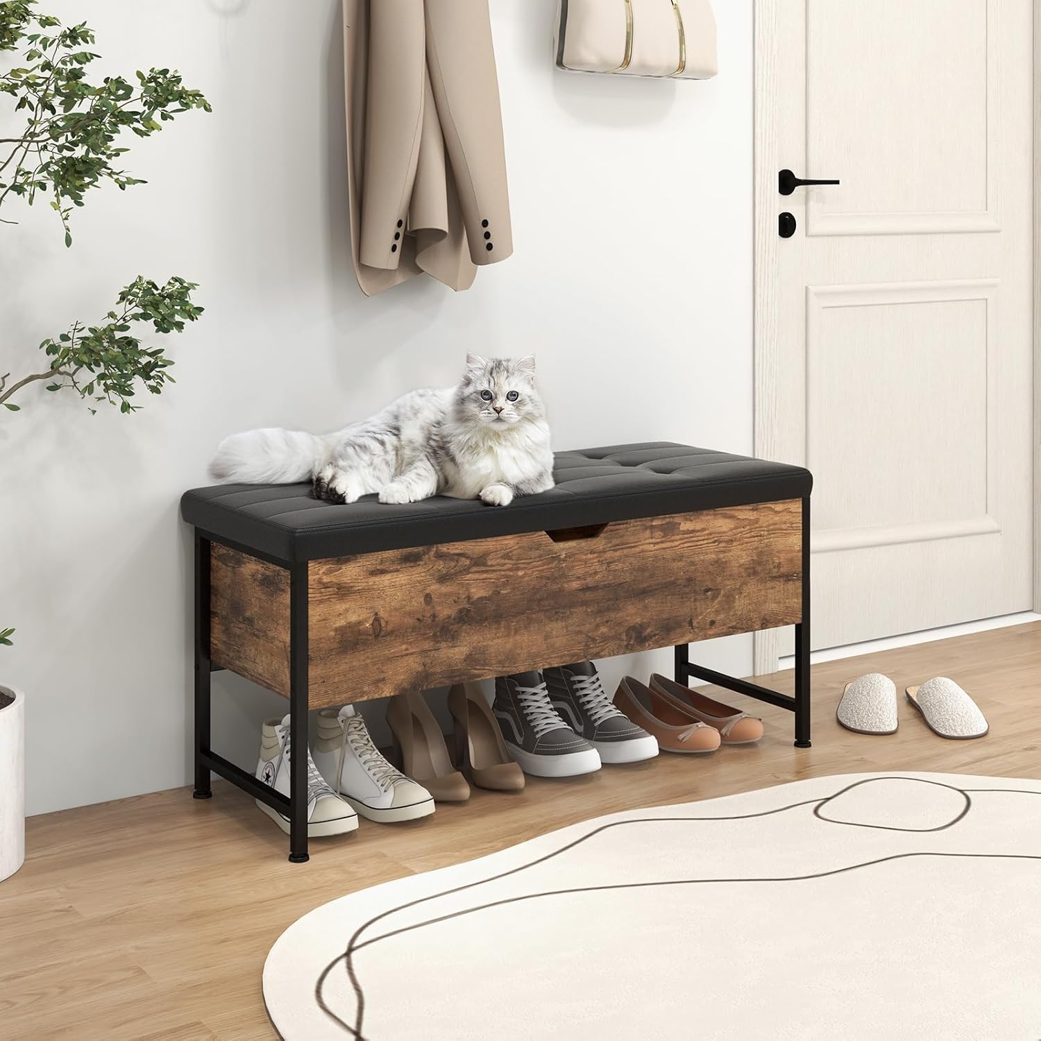 HOMASIS Sitzbank mit Stauraum, Schuhbank mit gepolstert Sitzfläche, Sitztruhe mit 2 Schubladen, aufklappbar Schuschrank mit verstellbaren Fußstützen, Betttruhe Vintage, 150kg belastbar, 101x41x58cm