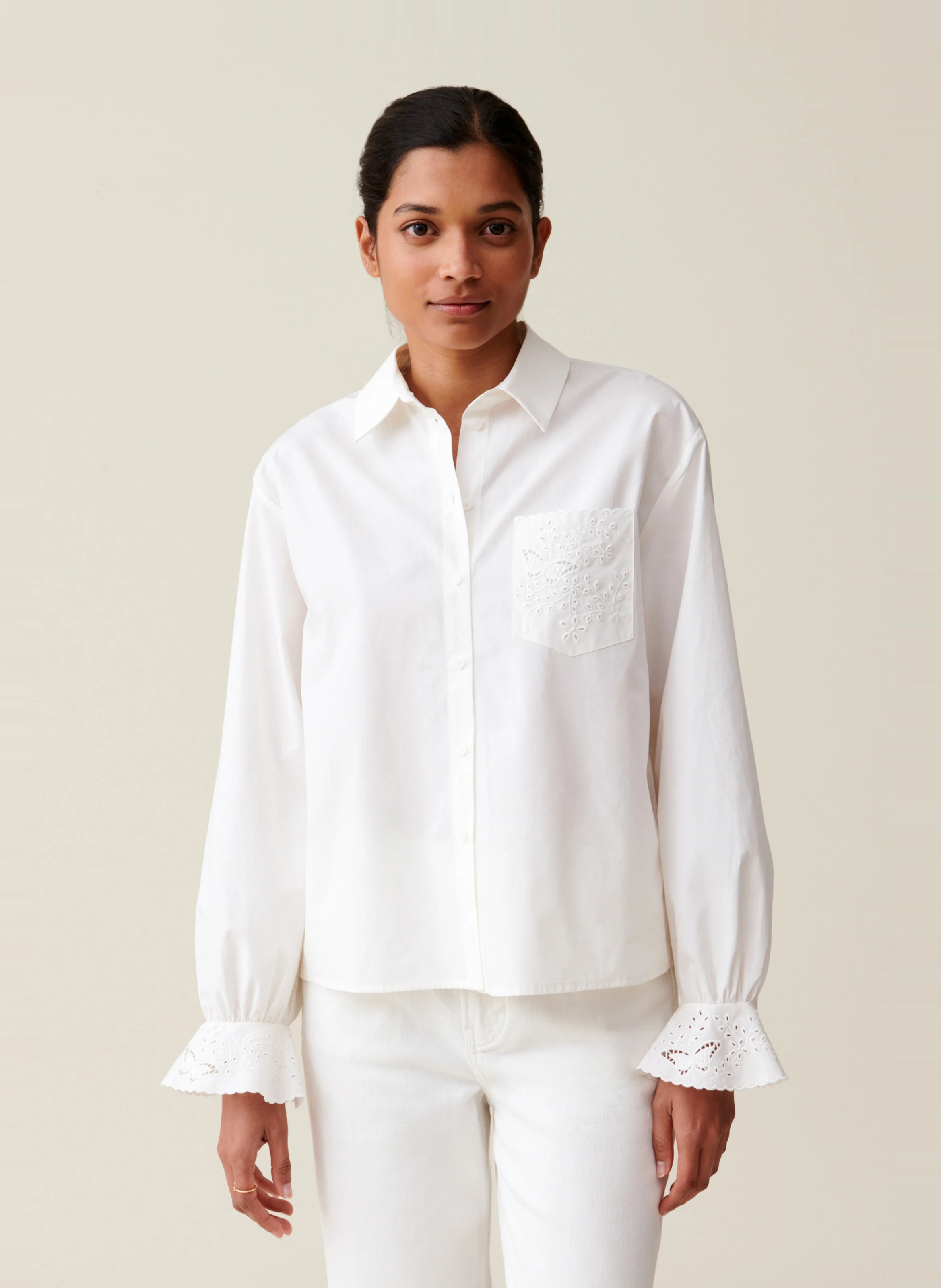 Chemise droite brodée en coton | Blanc