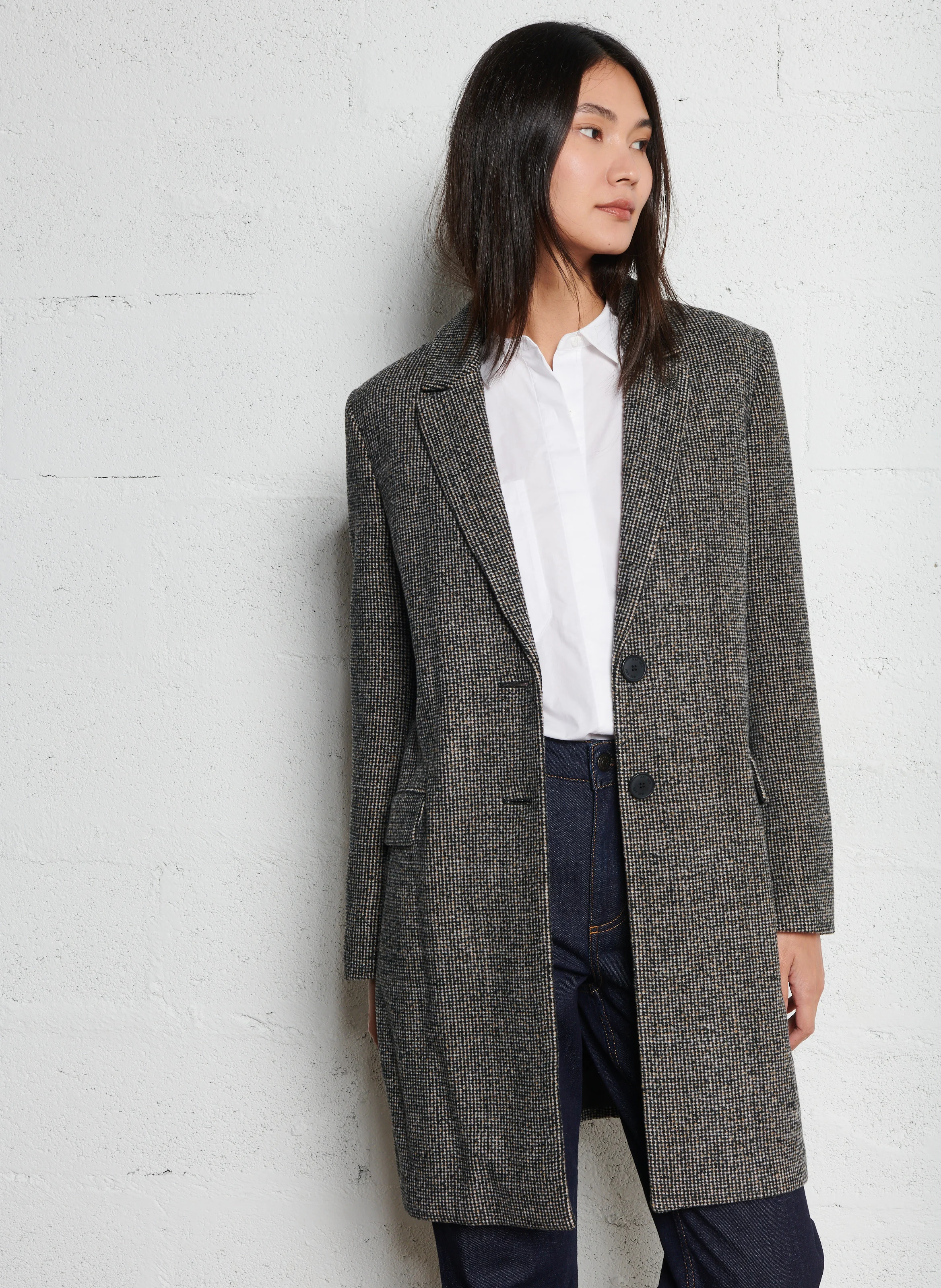 Manteau col tailleur en laine mélangée | Noir