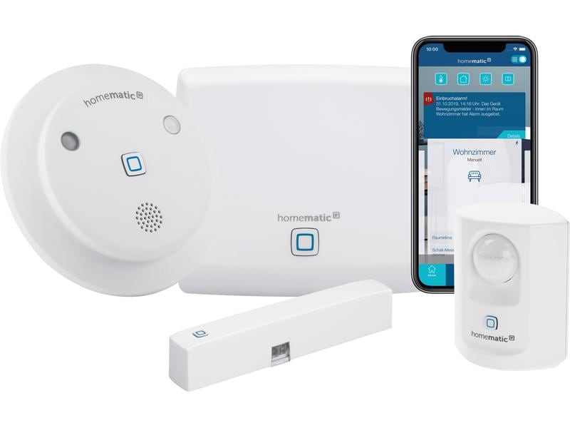 Homematic IP Smart Home Starter Set Alarm Set mit Zentrale, Fensterkontakt, Bewegungsmelder und Sirene
