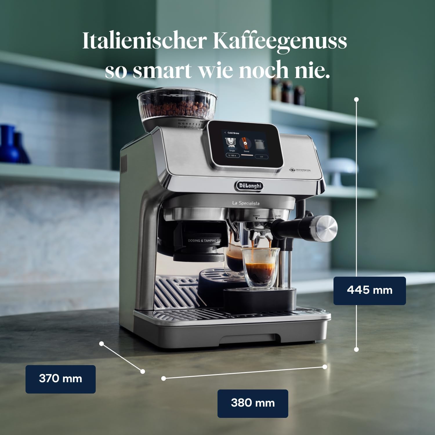 De'Longhi La Specialista Touch - Perfetto Siebträgermaschine Espressomaschine mit Mahlwerk, 10 Getränke, Cold Brew, automatische und manuelle Milchaufschäumung, Touchscreen, Metall (EC9455.M)