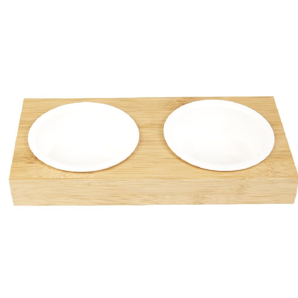 Bol double blanc pour chat avec support en bambou